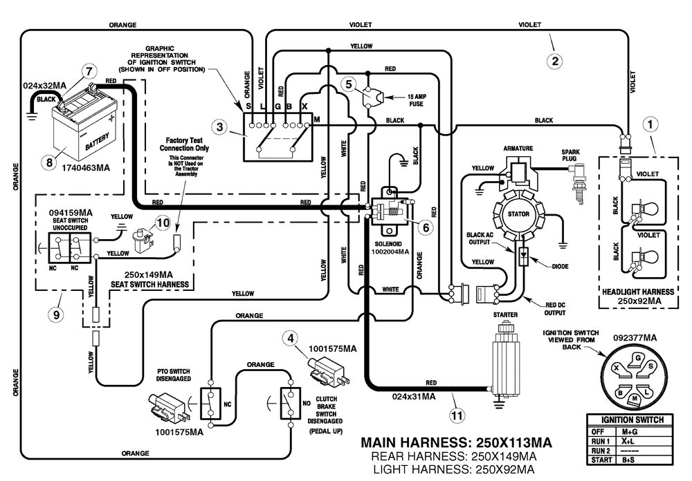 Electrical System Diagram and Parts List for 385003X108 2007 Briggs and Stratton Lawn Tractor
